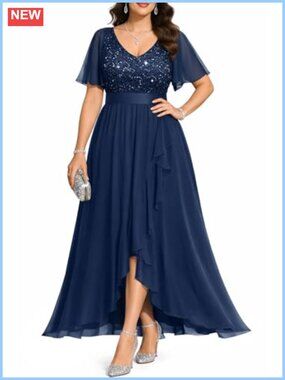 Plus Size Formal Sequin Lace Evening Dress High-Low Prom Wedding Guest